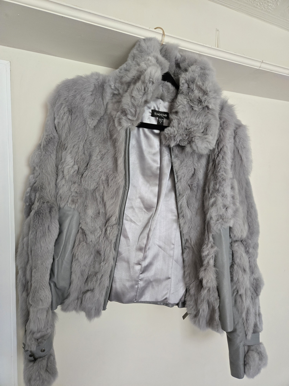 bebe Gray Faux Fur Bomber Jacket